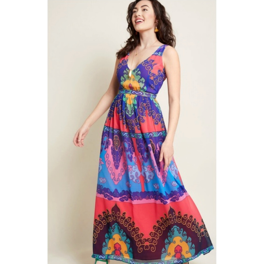 ModCloth XS Maxi Dress Muster The Length Boho Medallion Sleeveless Colorful